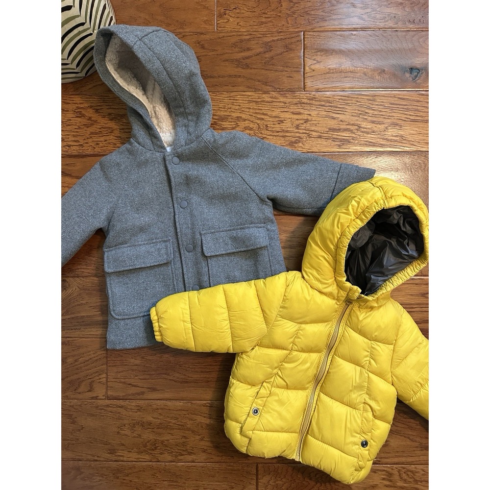 ZARA Baby Unisex 12-18 Months Winter Coat Lot 2 Pcs Grey Sherpa Yellow Puffer